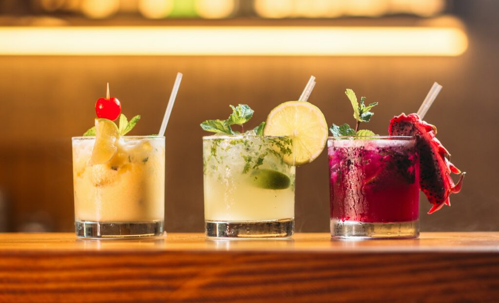 A row of 3 different cocktails in Las Vegas