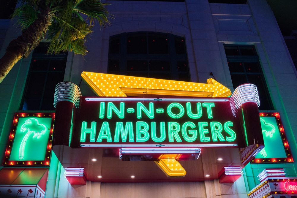 Image of In-N-Out Burger neon sign at night in Las Vegas