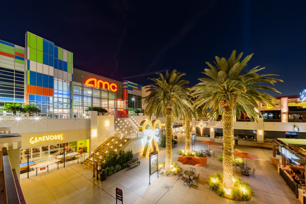 Image of AMC movie theater at night in Town Square, Las Vegas