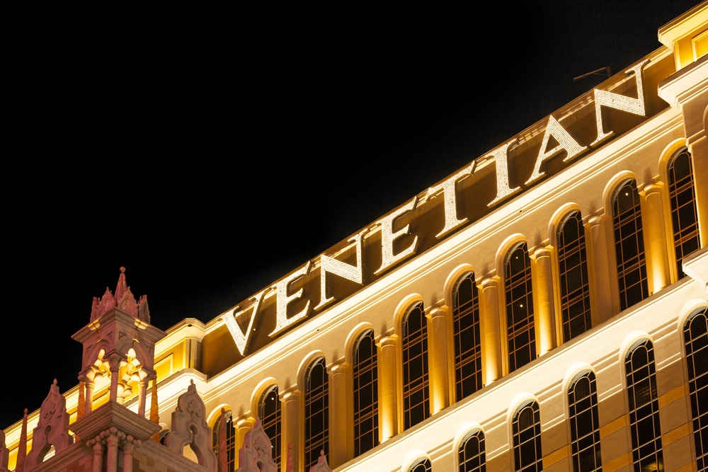 Image of the gold letters on the Venetian Resort hotel at night