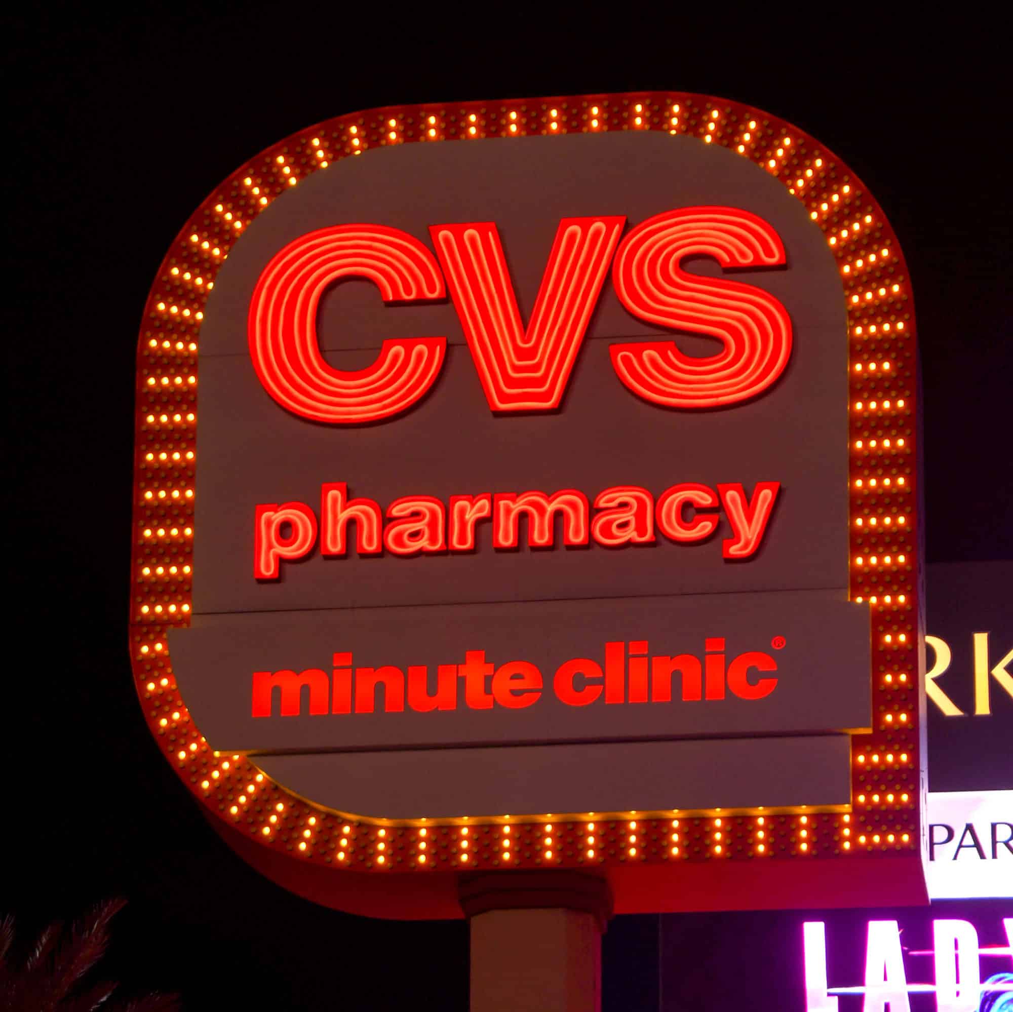 An illuminated sign outside a branch of CVS Pharmacy on Las Vegas Boulevard