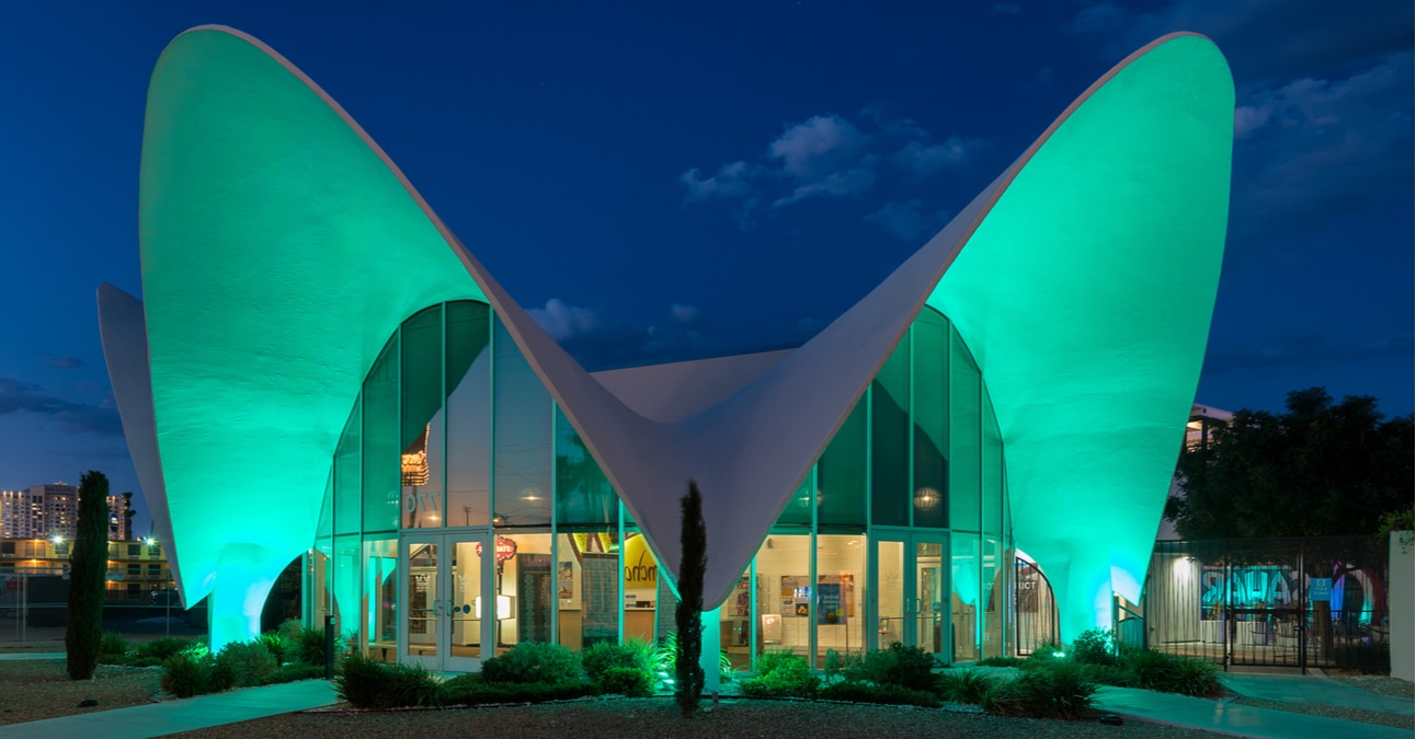 Green lighting outside the Neon Museum