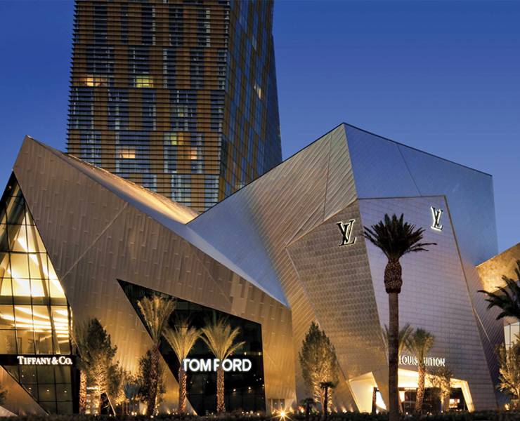exterior of the shops at crystals; tom ford, tiffany & co and LV 
