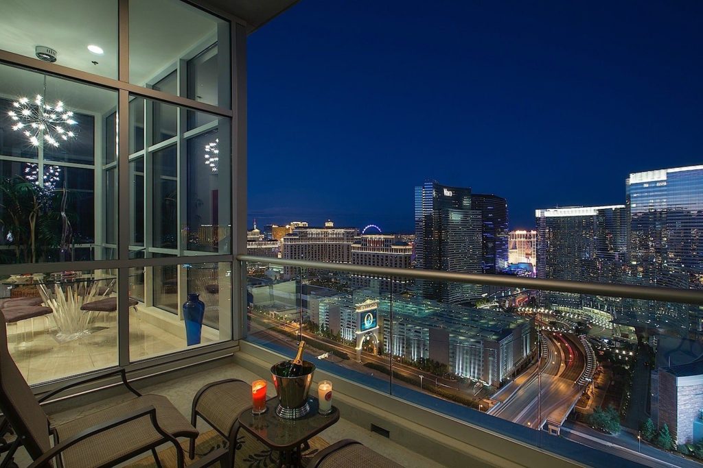 Allure Las Vegas evening view balcony porch view over Las Vegas strip 