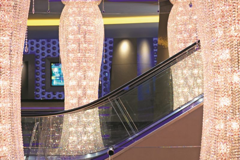 Fancy chandeliers inside the Planet Hollywood Las Vegas lobby