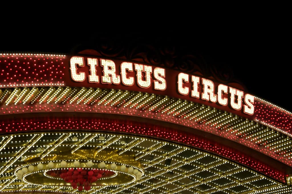 circus circus outdoor exterior sign lit up on an evening night 