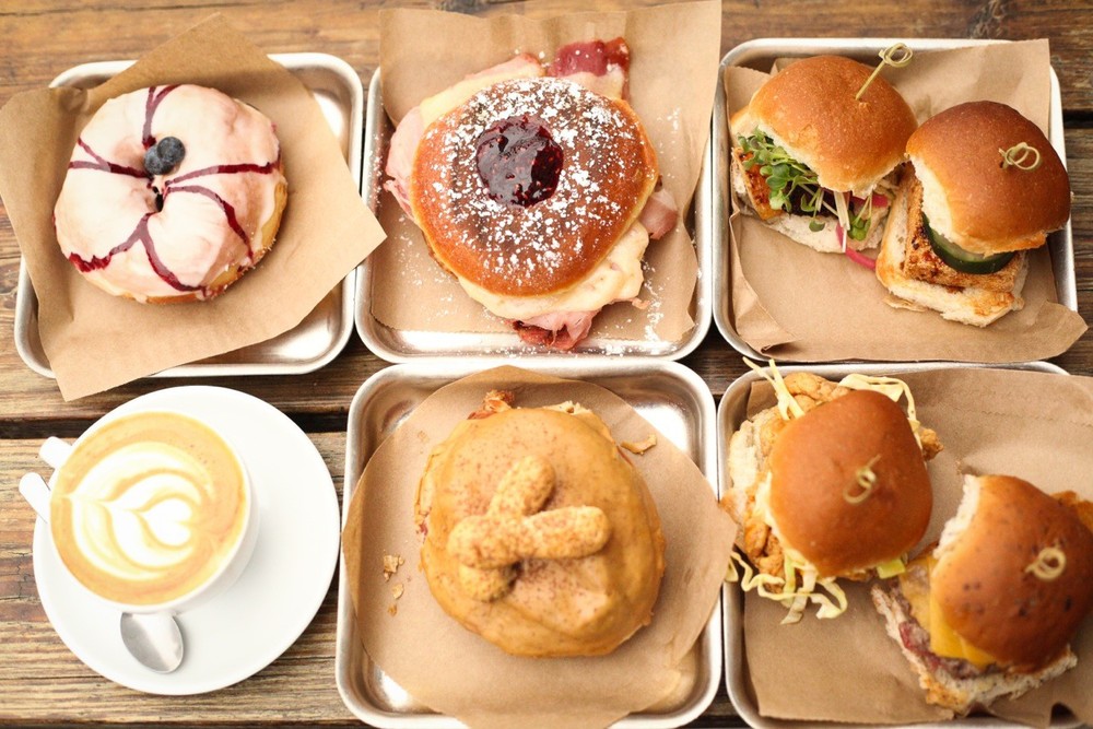 district donuts sliders plate display with coffee