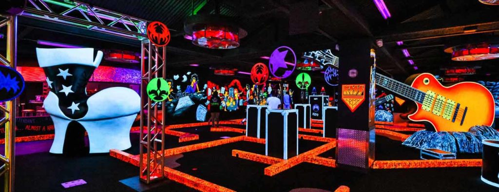KISS by Monster Mini Golf interior attraction area with LED lights 