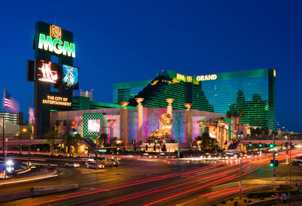 MGM Grand outdoor exterior view from Las Vegas BLVD at a beautiful evening night 