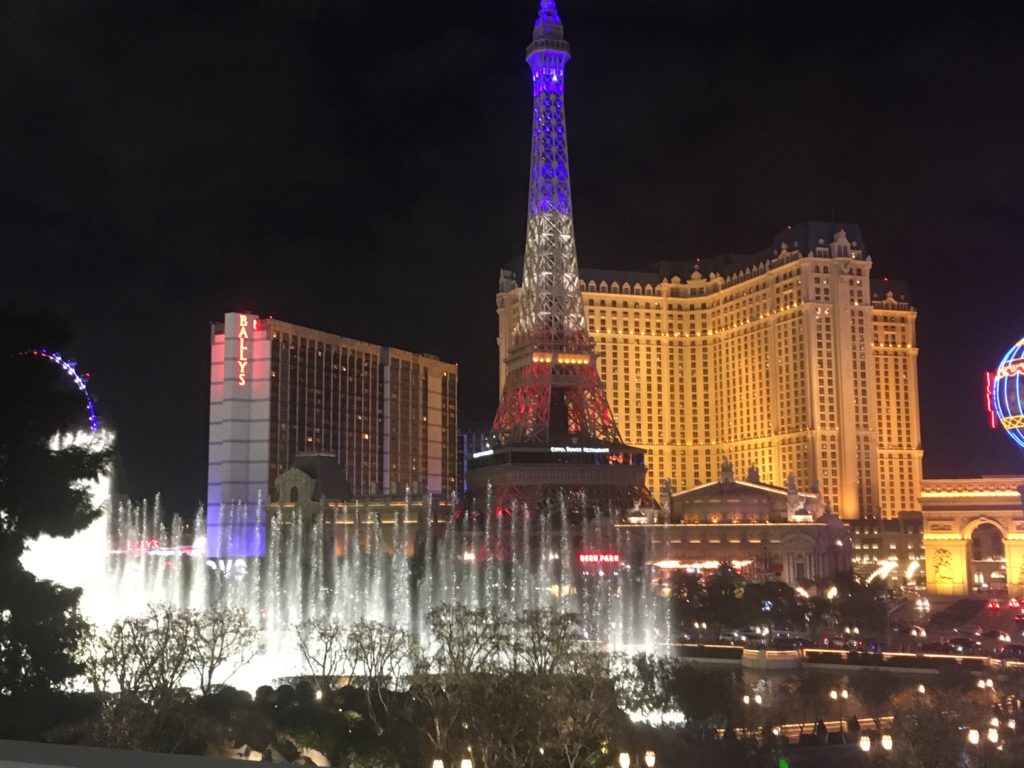 View of Paris Las Vegas and Bellagio fountain show from parking garage