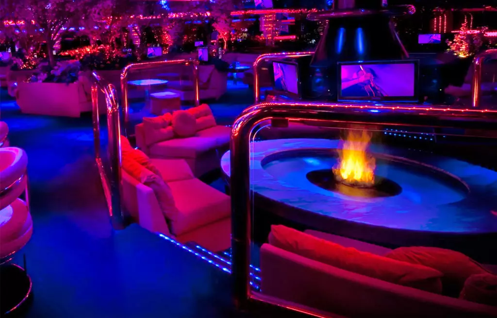 interior dining and lounge area with fire place at peppermill las vegas 