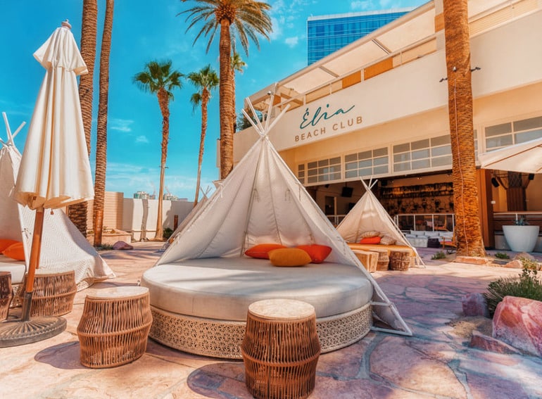 The Virgin Hotel's Elia Beach Club Las Vegas, featuring outdoor daybeds