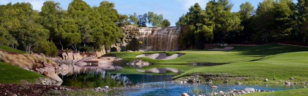 Wynn Las Vegas gold course pond and waterfall during the day 