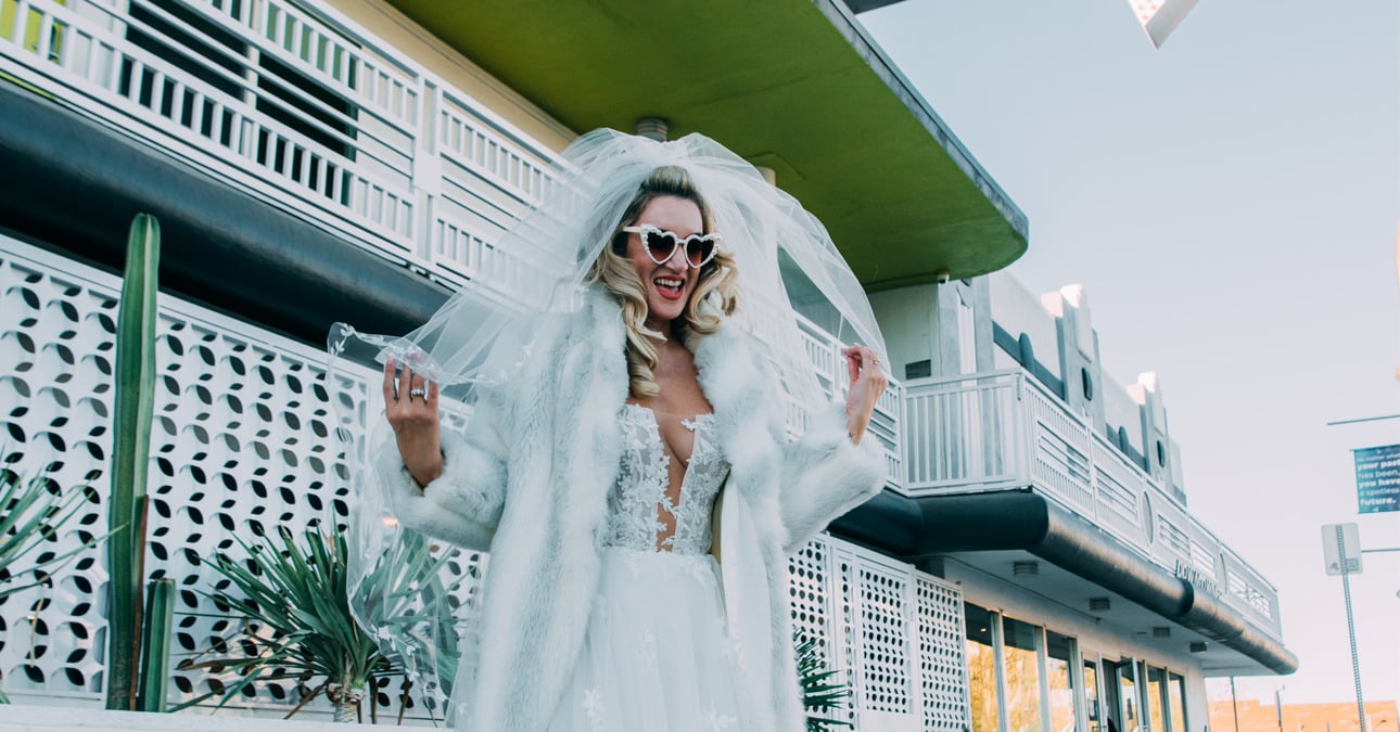Woman in Wedding Dress Outside Of Las Vegas Wedding Chapel