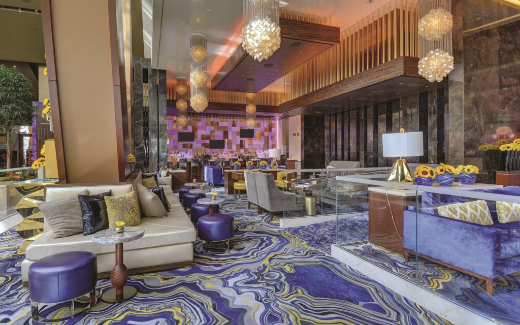 purple decor inside ARIA lobby
