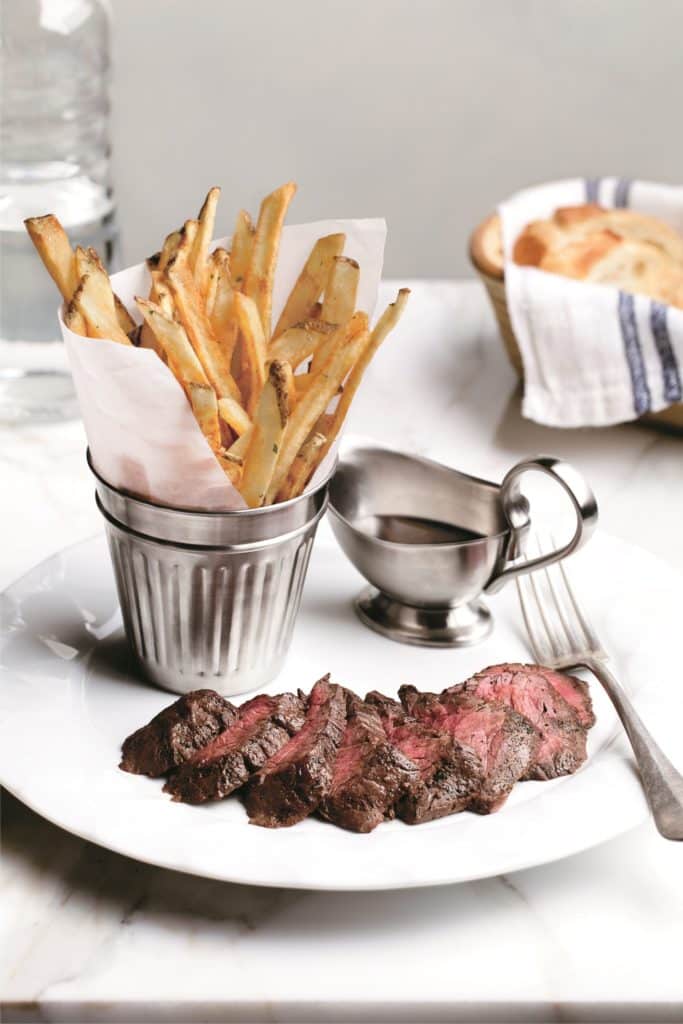 steak and fries with dipping sauce