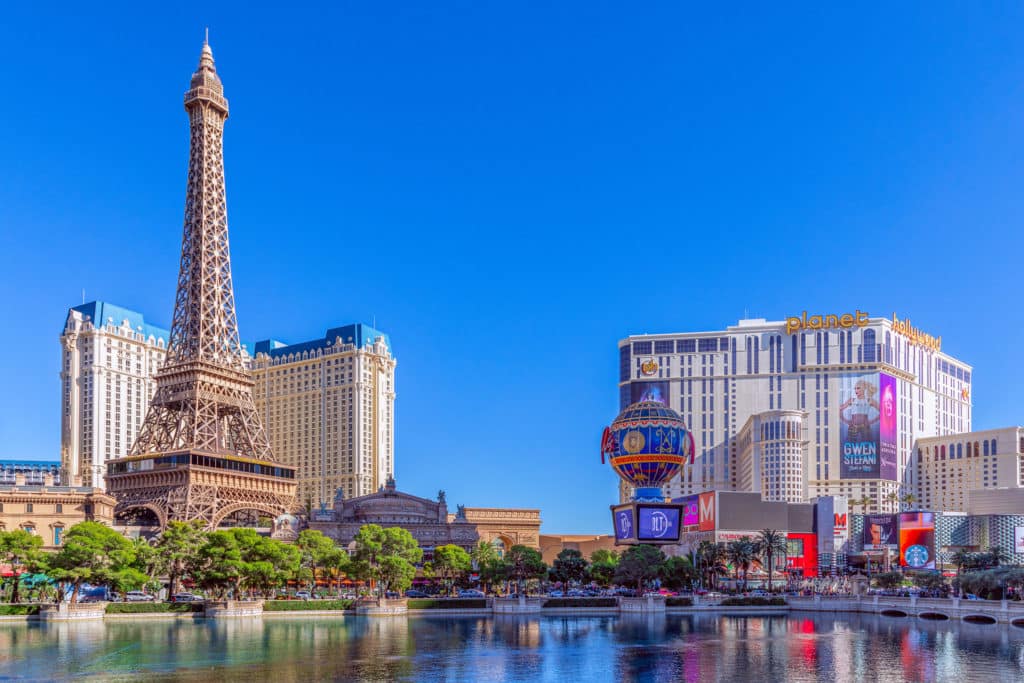 bright day shot of Paris Las Vegas with Planet Hollywood
