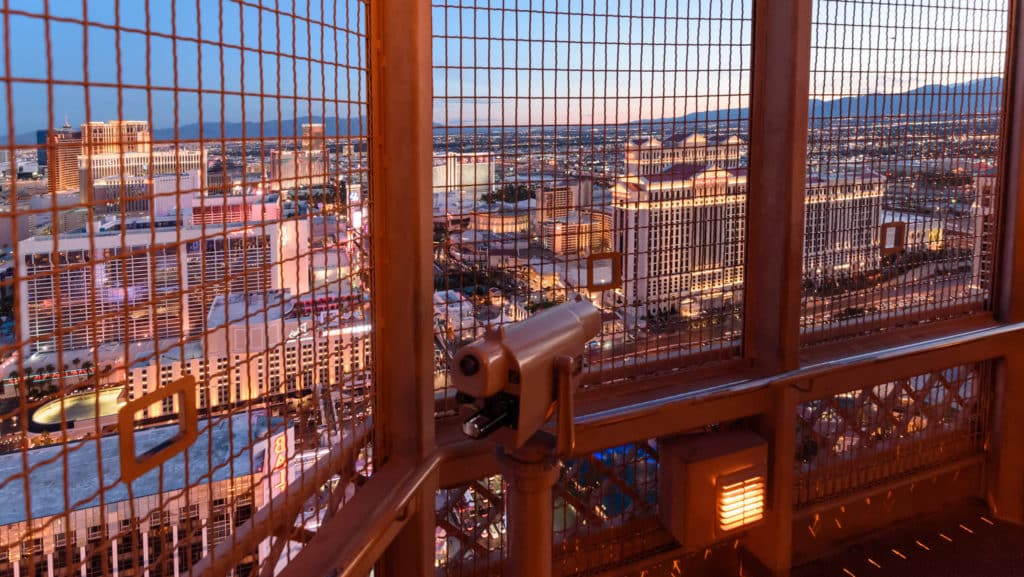 Panoramic view from the Eiffel Tower replica's viewing deck at Paris Las Vegas Hotel, overlooking Las Vegas.