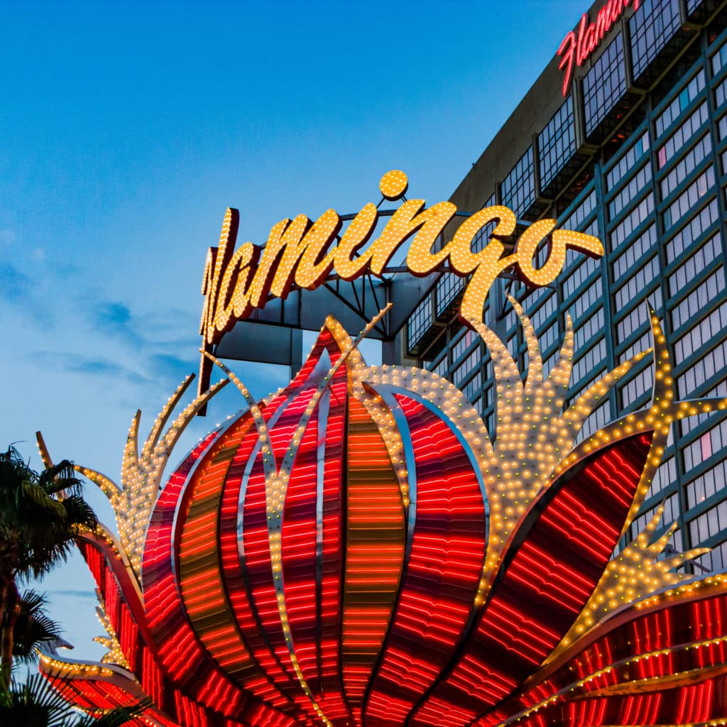 Flamingo Hotel sign in red and blue