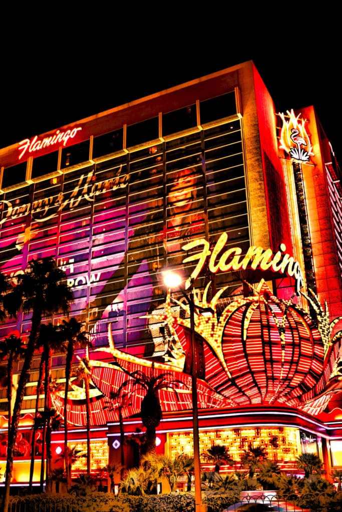 lights surrounding the exterior of the Flamingo Hotel