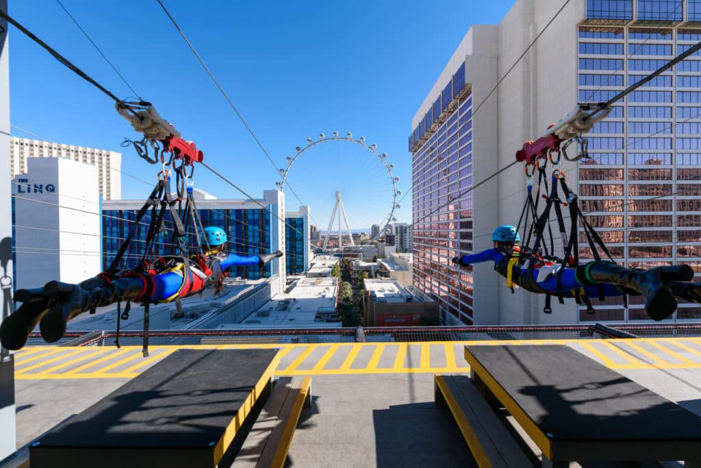 people strapped into the Fly LINQ Zipline