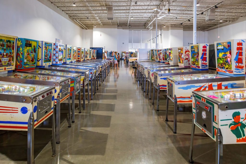 row of pinball machines at the Pinball Hal of Fame