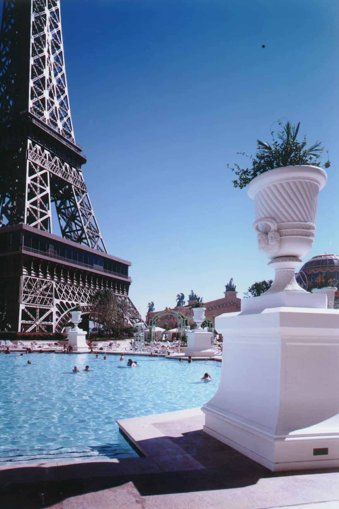 Paris Hotel pool with tower view and planter