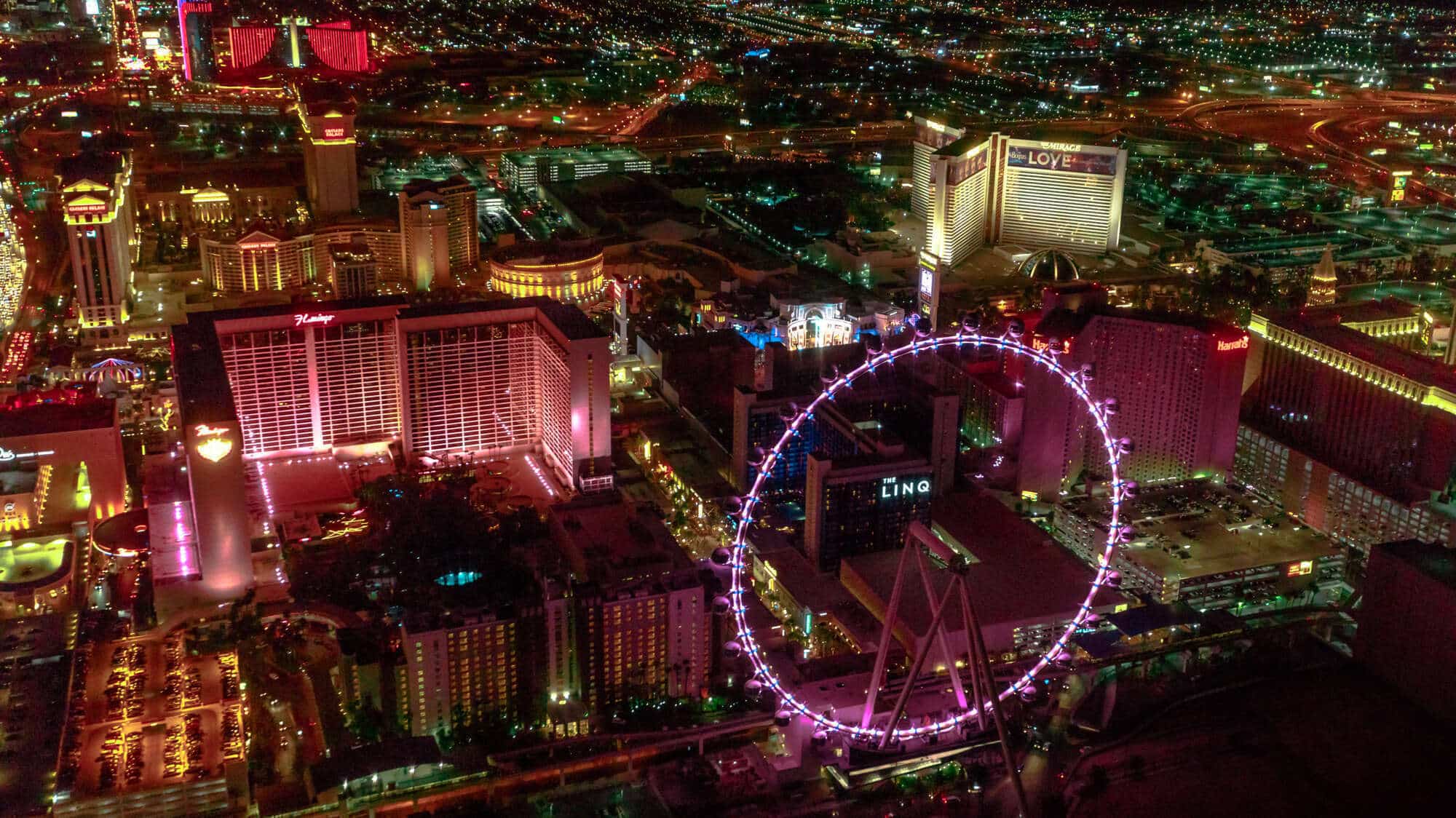 The LINQ High Roller pink at night