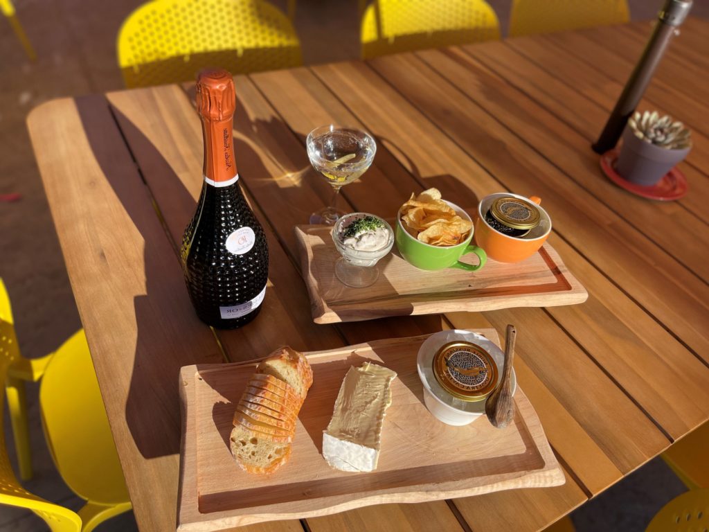 caviar, cheese and wine display