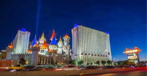 shot of Excalibur casino and hotel at dusk with cobalt blue sky