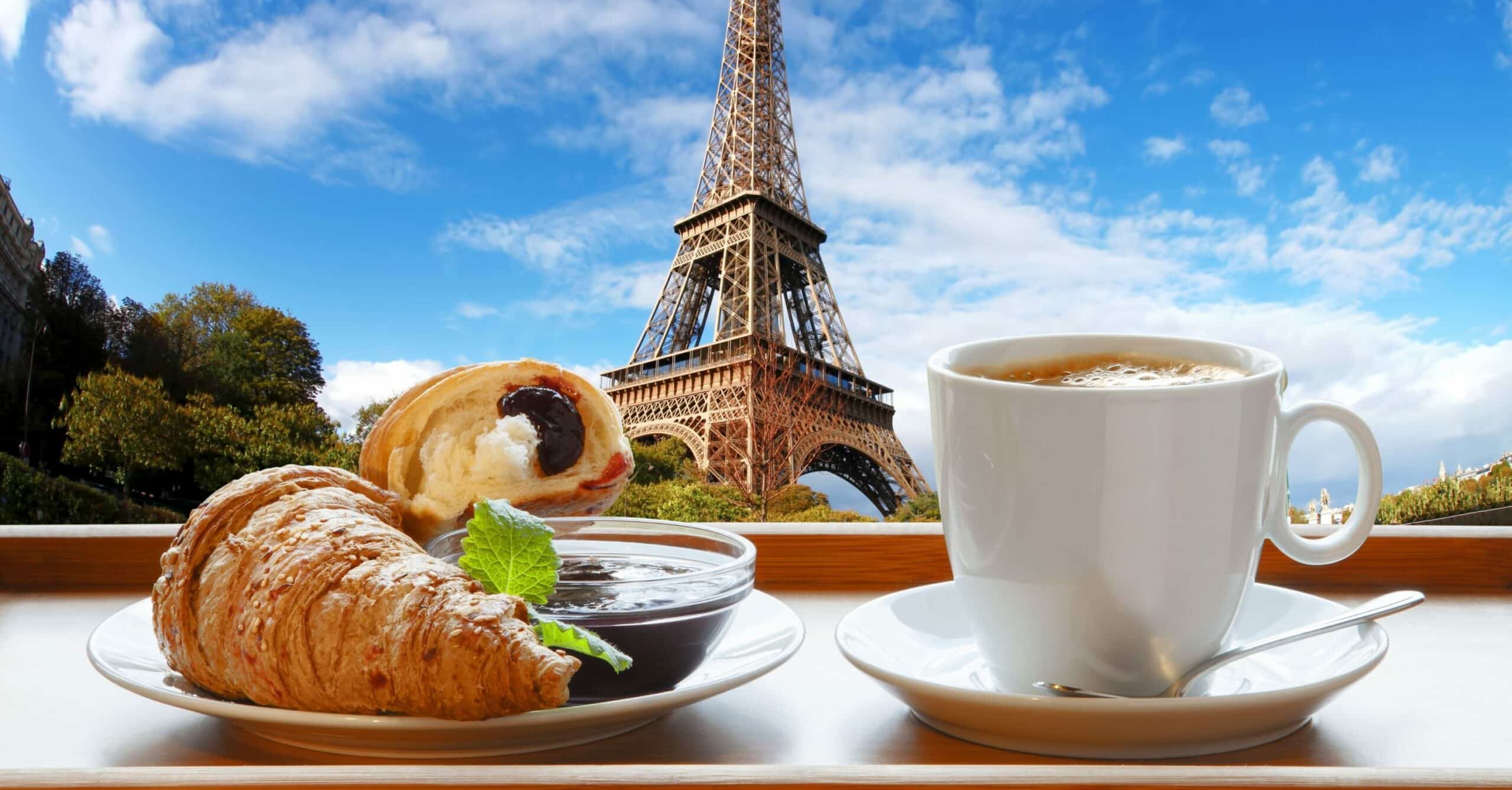 French food in front of the Eiffel Tower