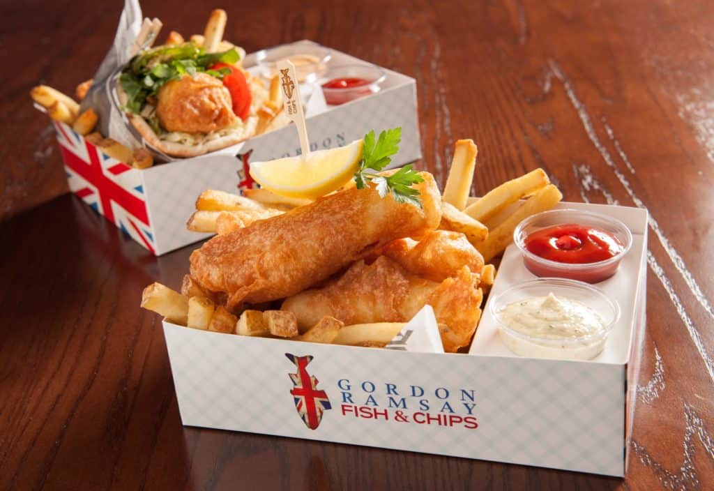 two cardboard baskets of Gordon Ramsay fish and chips
