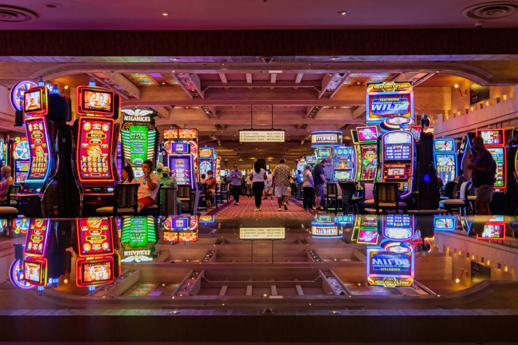 slot machines reflecting at the Excalibur casino