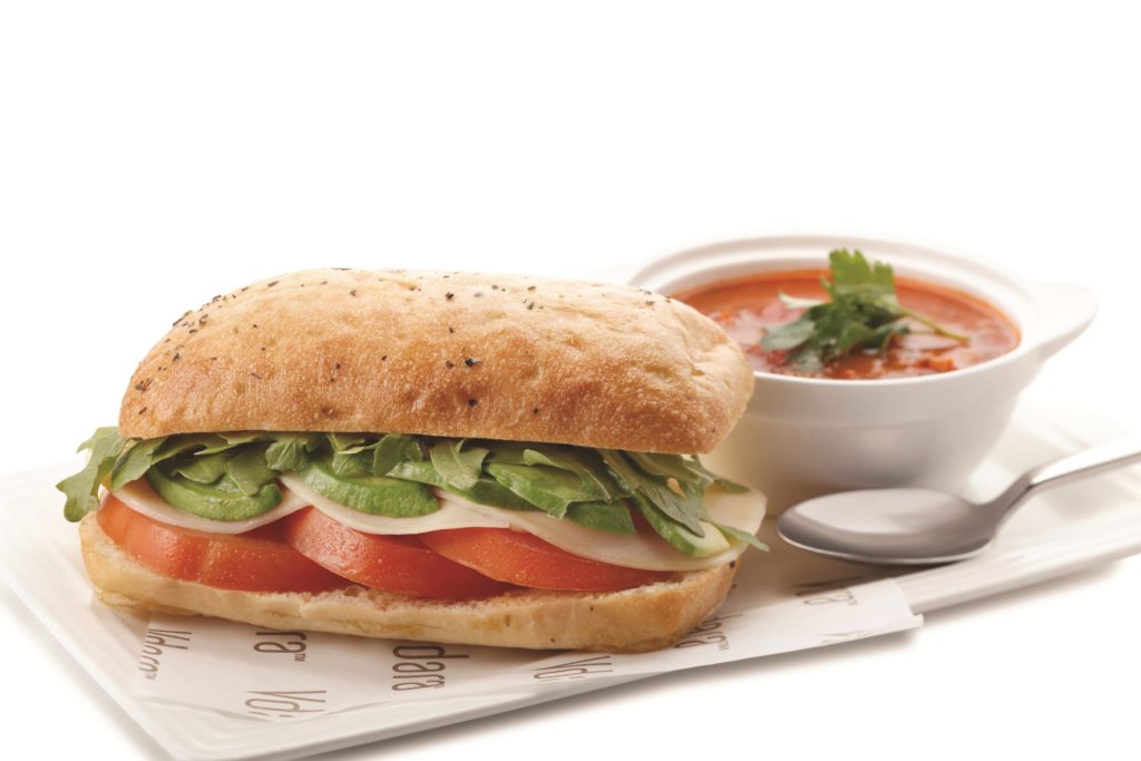 tomato caprese sandwich with tomato soup
