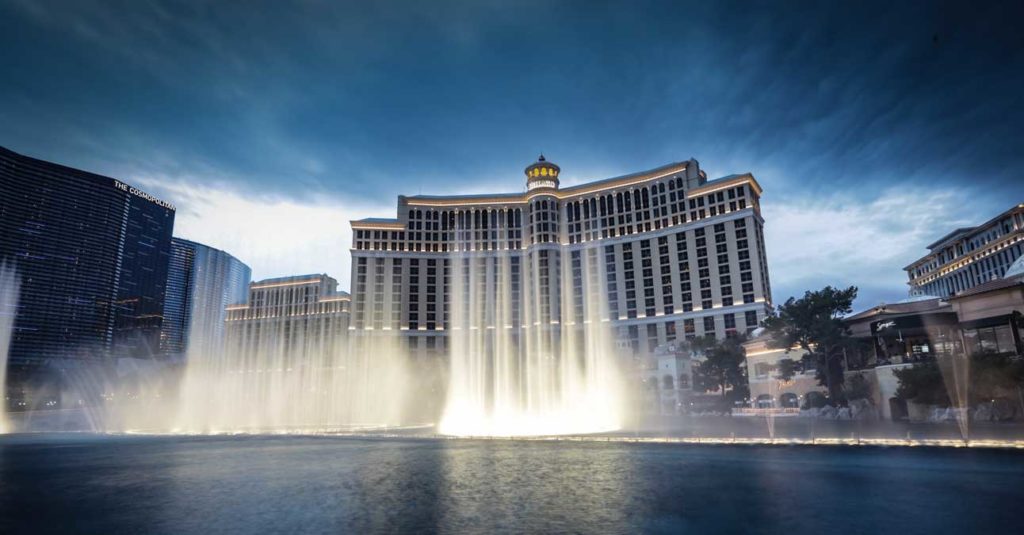 The Bellagio from a distance with fountains