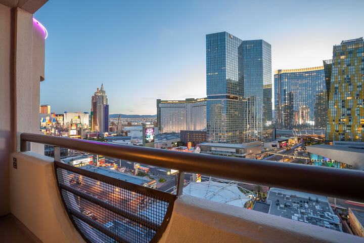 A balcony rail looking over Las Vegas