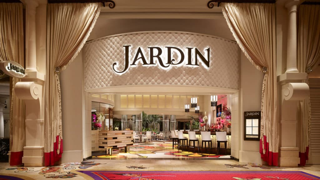 Elegant exterior view of Jardin restaurant with its distinctive signage, located within Wynn Las Vegas.