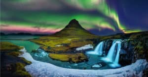 scenery in Iceland with waterfalls and the Northern Lights