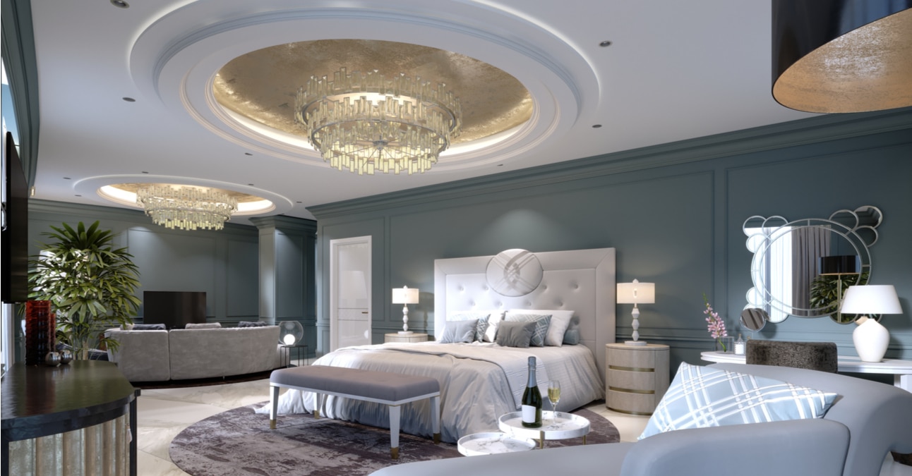 presidential suite with chandelier and blue details