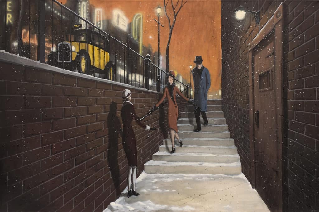 three people walking downstairs to a speakeasy in the snow