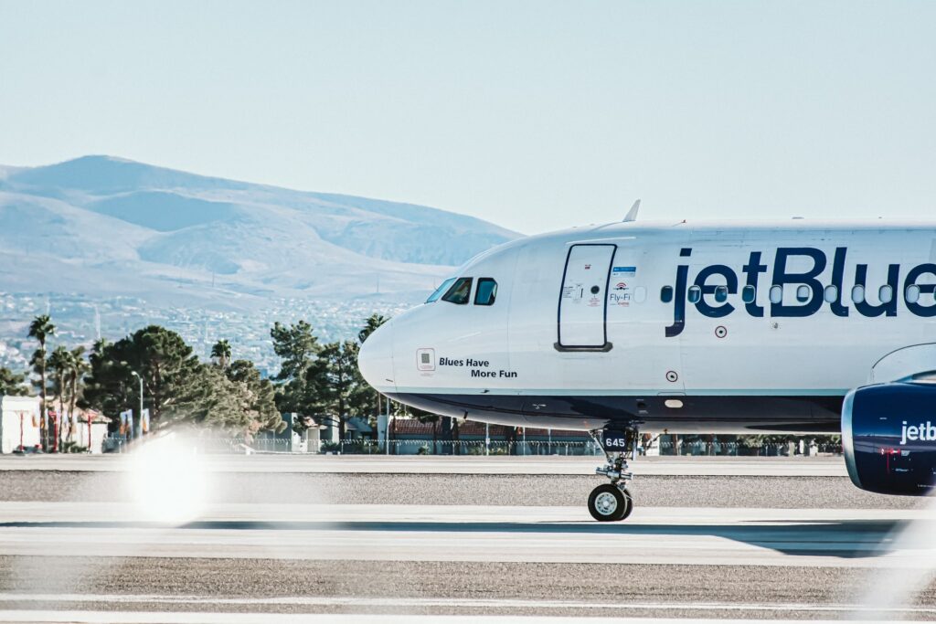 Jet Blue aiplane taxiing for take off in Vegas