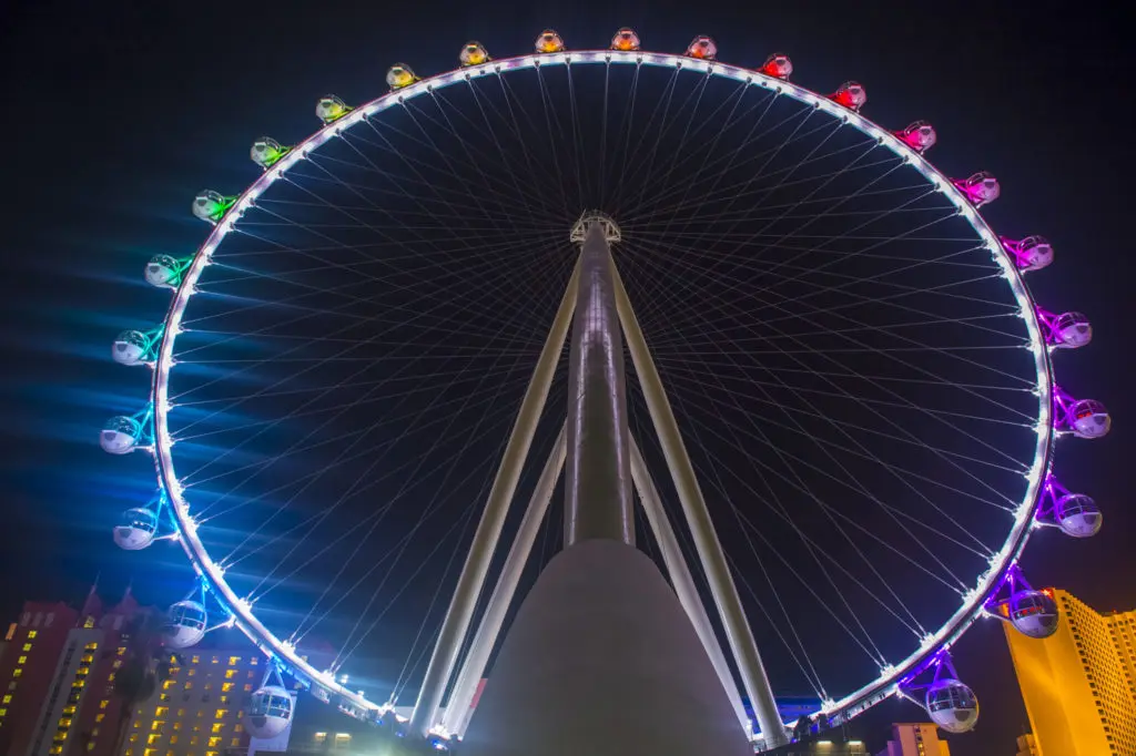 a rainbow shot of The LINQ High Roller at night