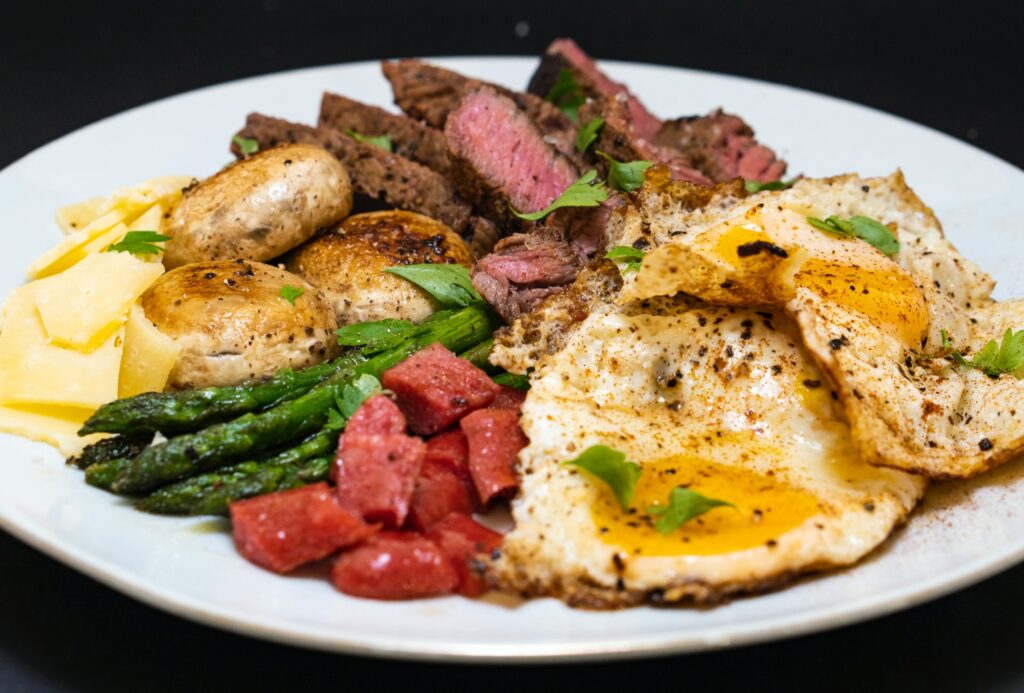 A plate with steak and eggs