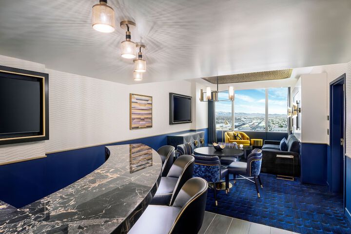 Elegant and spacious living room interior of a suite at Circa Resort & Casino, Las Vegas.