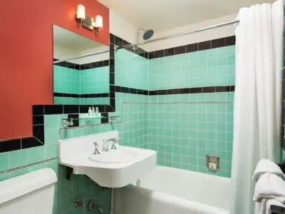 Bathroom in one of Golden Gate Hotel & Casino's standard rooms