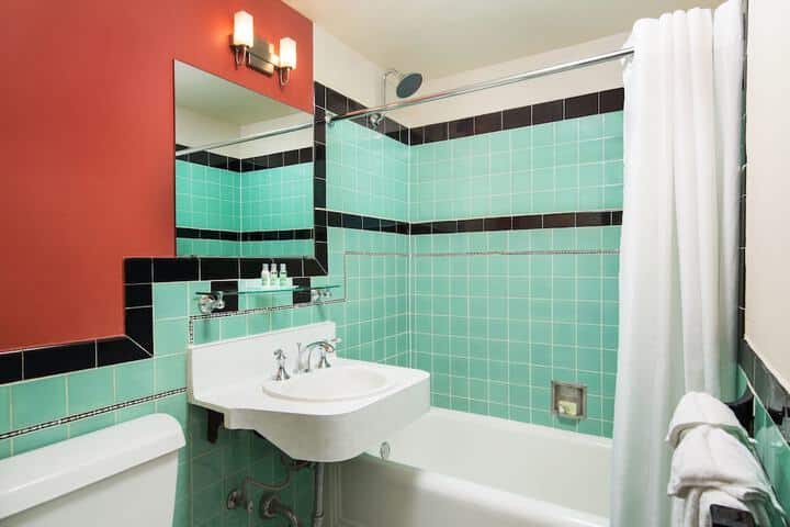 Bathroom in one of Golden Gate Hotel & Casino's standard rooms