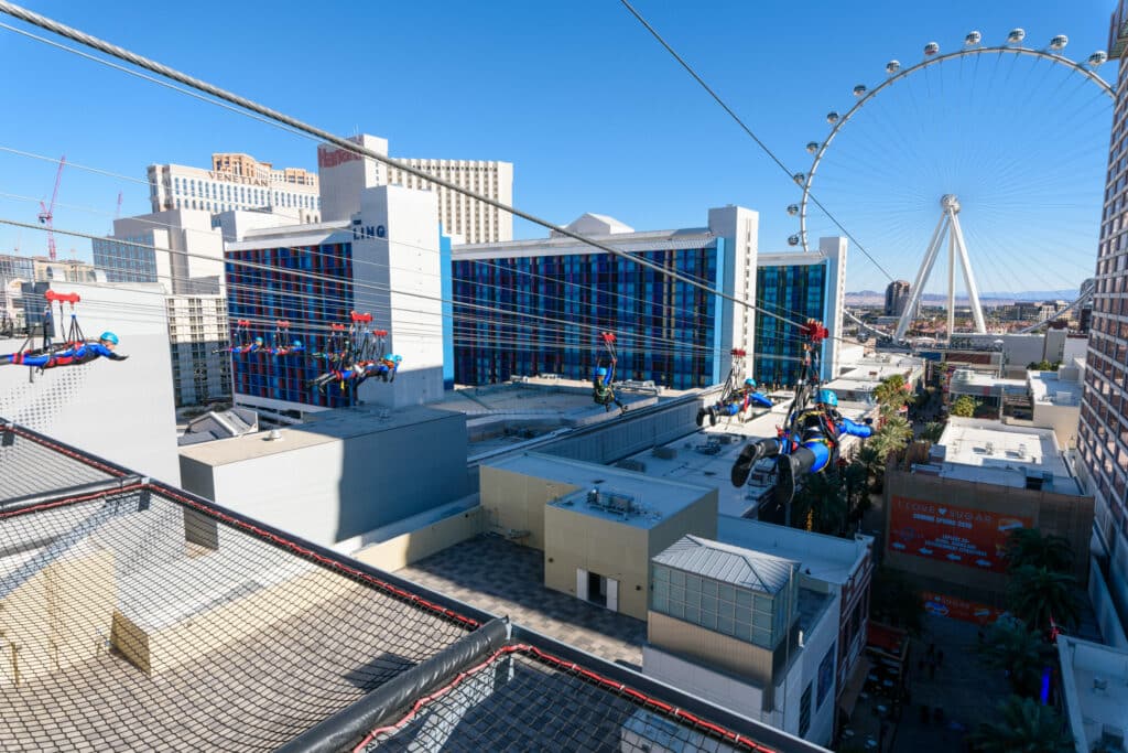 side view of the FlyLINQ zipline on the Las Vegas Strip