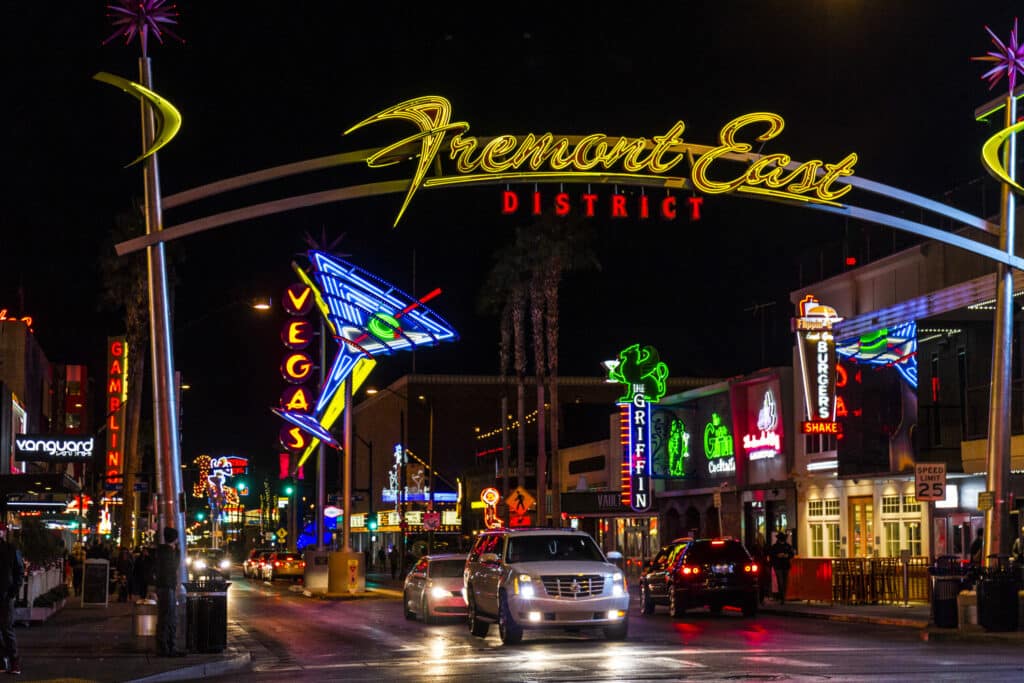night view shot of Fremont Street East entrance sign