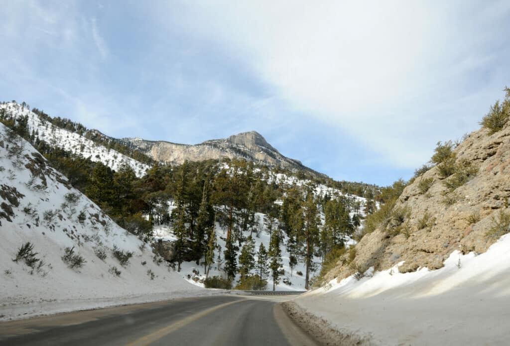 snowy road view of Mount Charleston in Nevada