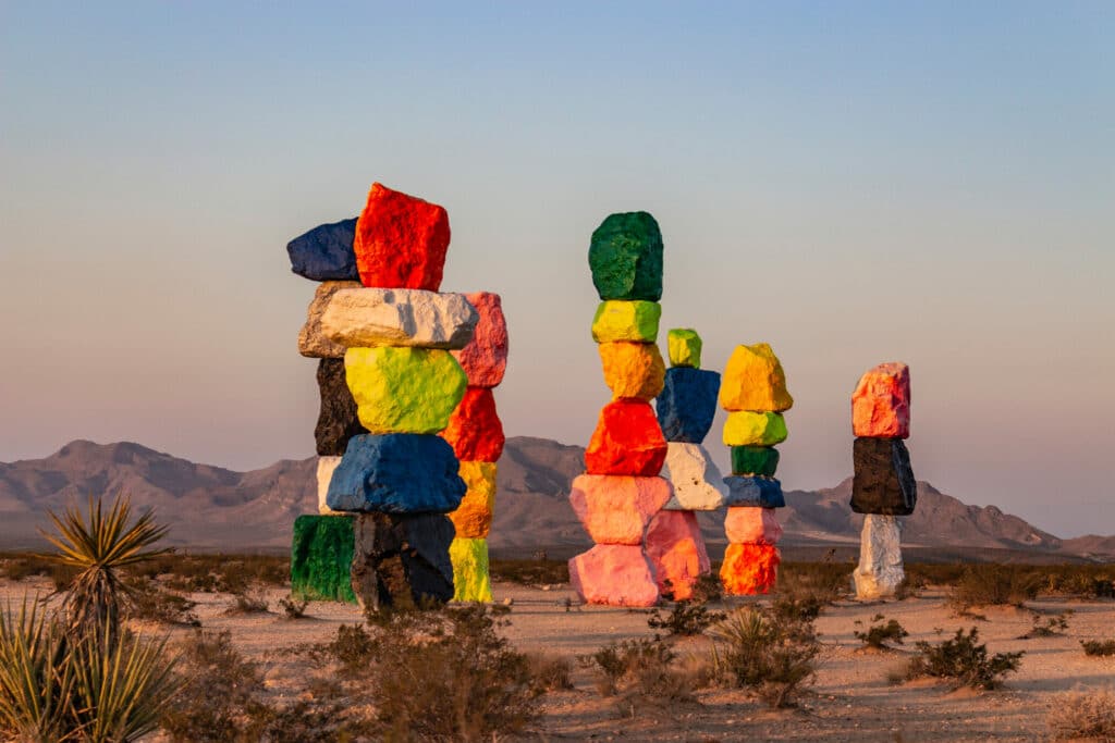 side angle of Seven Magic Mountains in the Nevada desert
